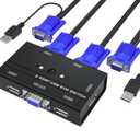 VGA KVM Switch, 2 Port USB VGA KVM Switch w/2 KVM Cables & 3 USB Hubs for 2 Computers Share One Monitor Keyboard Mouse with Physical Push Button Switching