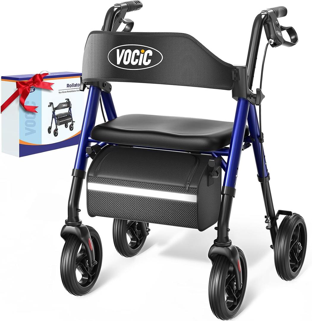 VOCIC Z21 Rollator Walker for Seniors with Seat, 8" All Terrain, 350 LBS | Lightweight Foldable & Dual Height Adjustable for Seniors, Ergonomic Arc Seat&6" Ultra Backrest Provide Comfort, Blue