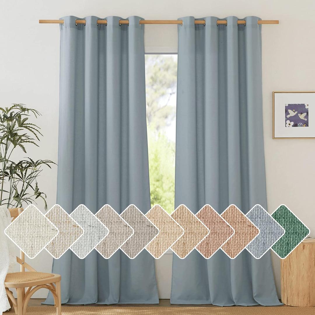NICETOWN Flax Semi Sheer Stone Blue Linen Curtains for Living Room, Grommet Vertical Drapes Thick Linen Curtains Privacy Added with Light Filtering for Villa/Bedroom, W55 x L96, 1 Pair