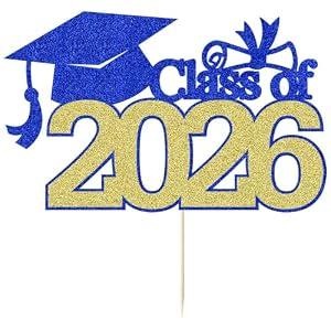 YUINYO Class of 2026 Cake Topper - Congrats Grad Decorations - 2026 High School/ College/ University Graduation Party Decoration Supplies(Dark Blue and Gold）