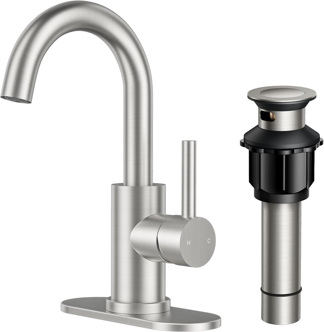 FORIOUS Single Handle Bathroom Sink Faucet 1 or 3 Hole Brushed Nickle, 360 Swivel Gooseneck Spout, Lead-Free, with cUPC Hose and Metal Pop Up Drain, Suitable for Bar Kitchen RV Vanity (Stainless Steel)
