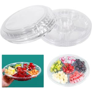 mwellewm 10 Pcs Round Plastic Appetizer Tray with Lid - Divided Serving Tray, Disposable Food Storage Trays Containers, Tray Storage, Kids Snack, Fruit Platter Vegetable Trays for Party and Buffet, 13.7 X 13.7 X 2 Inch
