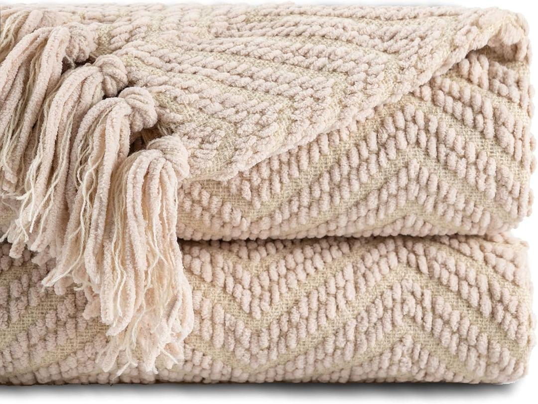 BATTILO HOME Beige Throw Blankets for Couch, Knitted Tan Throw Blanket for Twin Bed, Super Soft Warm Large Throws for Home Decor, 60" x 80"