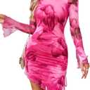 SHENHE Women's Mock Neck Ruched Drawstring Slit Long Sleeve Mesh Sexy Bodycon Mini Dress (Pink, XS)