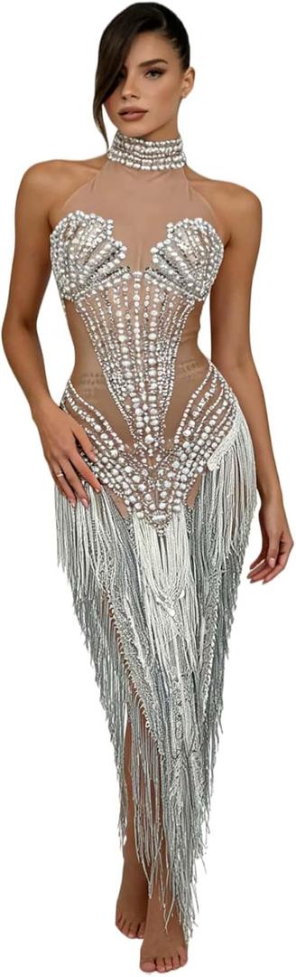 Women Club Sleeveless Prom Dress Pearls Crystals See Through Tassel Dress gig Event Latin Dance Dress, One Size