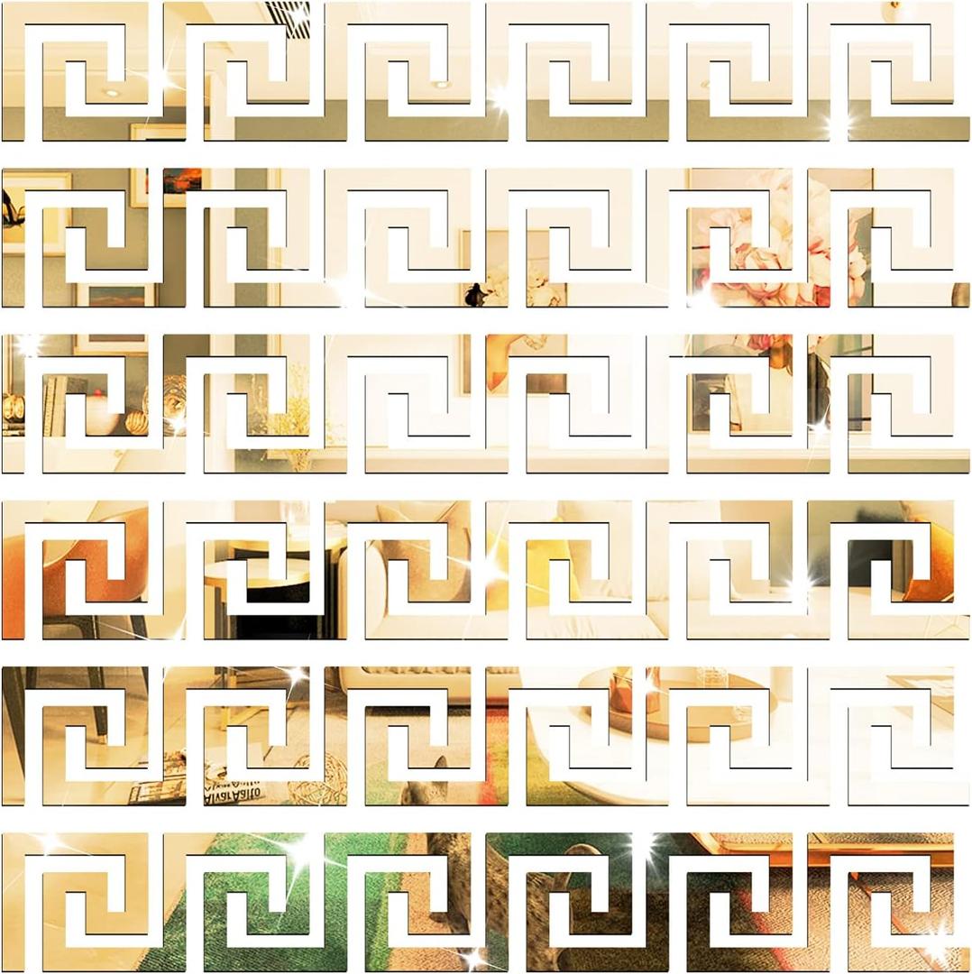 DIY Wall Decals Acrylic Mirror Sticker Set, Mirror Wall Stickers for Living Room Bedroom Decor (Greek Key Gold)