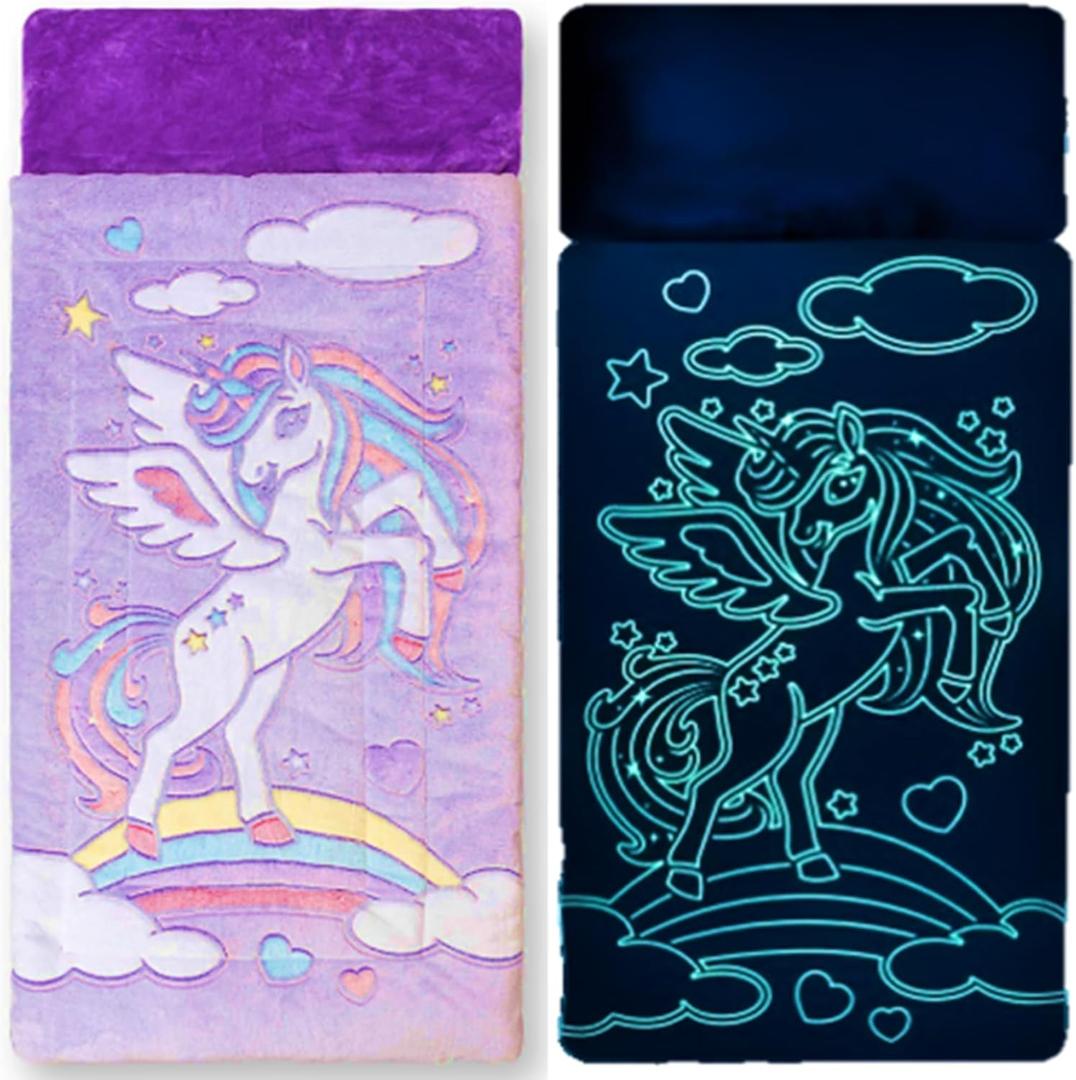 Unicorn Sleeping Bag for Kids, Glow-in-the-Dark Kids Sleeping Bags Make Fun Unicorn Gifts for Girls. Perfect for Sleepovers, Camping, Plush Nap Mat for Preschool, with Pillow Pocket, 8+ Hour Glow