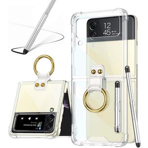 for Samsung Galaxy Z Flip 4 Clear Case with Pen and Ring,Ultra Thin Transparent Anti-Fall Phone Protective Cover for Samsung Galaxy Z Flip 4 5G (ZFlip4-Ring-Clear)