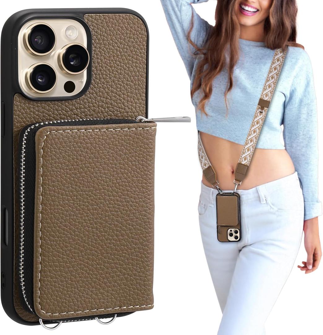 XANGNIER Wallet Case for iPhone 16 Pro Max, RFID Blocking PU Leather Crossbody Phone Purse with Card Holder, Zipper Pocket, Wrist Strap & Adjustable Lanyard for Women 6.9" 5G, Brown