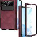 GOUHGKH Pixel Fold Case, Leather Magnetic Hinge Protection Cover Built-in Screen Protector, Compatible with Google Pixel Fold 2023 (Red)