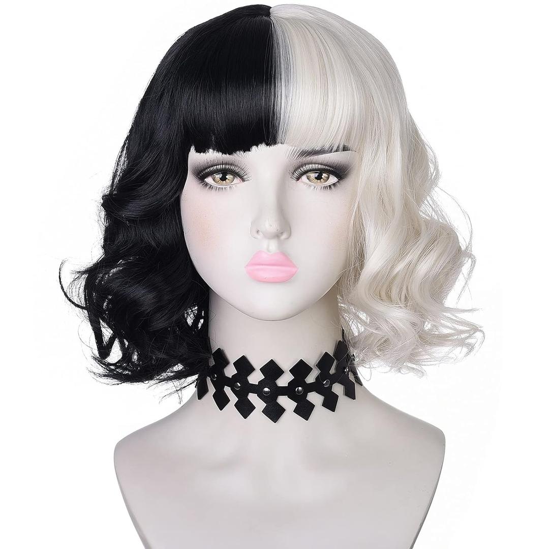Black and Light Blonde Wig with Necklace Choker for Womens Girls Cosplay Costume Short Wavy Bob Synthetic Wigs with Bangs for Halloween Party (Black and White)