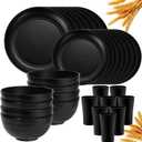 Klickpick Home 32 Pieces wheatstraw Dinnerware Set with 8 Each of Dinner Plates Desert Plates Cereal Salad Bowls Cups Unbreakable Modern Dinner Set for Microwave Dishwasher Safe Reusable Black
