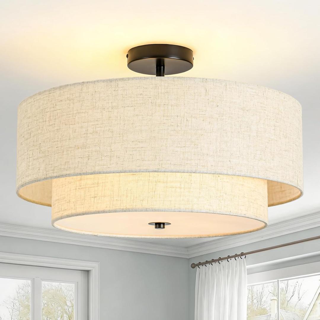 4-Light Semi Flush Mount Ceiling Light, 19.7" Double Drum Ceiling Light Fixture with Linen Fabric Shade, Modern Black Ceiling Light for Dining Room, Living Room, Bedroom, Kitchen, Hallway, Entryway