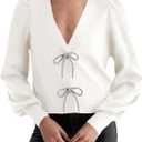 Saodimallsu Womens Bow Button Front Cardigan Sweaters V Neck Cropped Knit Sweater (Small, White)