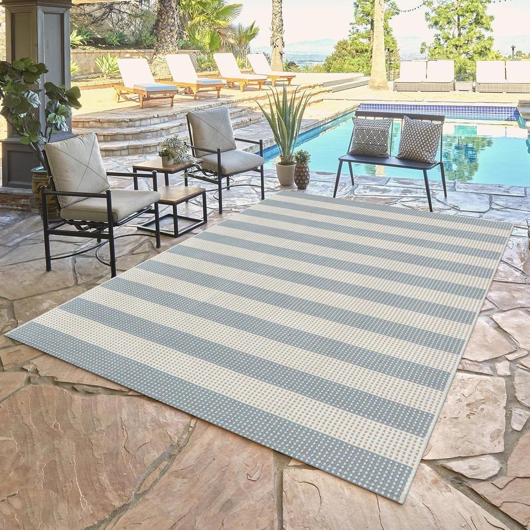 LEEVAN Striped Outdoor Rug 4x6, Washable Front Porch Rug, Spring Plaid Door Mats Outside Entrance, Blue and White Entryway Floor Mat, Buffalo Woven Patio Layered Mat for Entrance/Deck/Camping