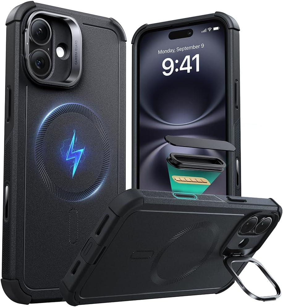 ESR for iPhone 16 Plus Case with Stash Stand, Camera Control, 23FT Military-Grade Shock-Absorbing Drop Protection, Compatible with MagSafe Accessories, Magnetic Cyber Series, Black