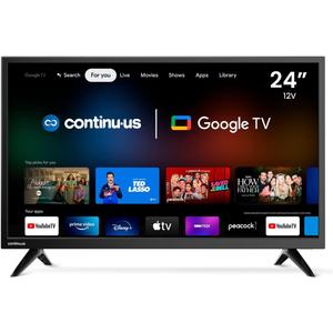 CONTINU.US 24-inch Smart TV, 12V and AC/DC Adapters Included, 720p Android Google RV TV with Google Assistant, Chromecast & Free Streaming Apps, Reinforced Chassis for RVs, Campers and more, CT-24TS10