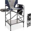 LANMONTAIN Folding Tall Director Chairs,30.7'' Seat High Makeup Solan Chairs,Portable Camping Chair w/Side Table Functional Pocket and Footrest,Comfy Bar Stool Heavy Duty Supports 350 Lbs,Blue