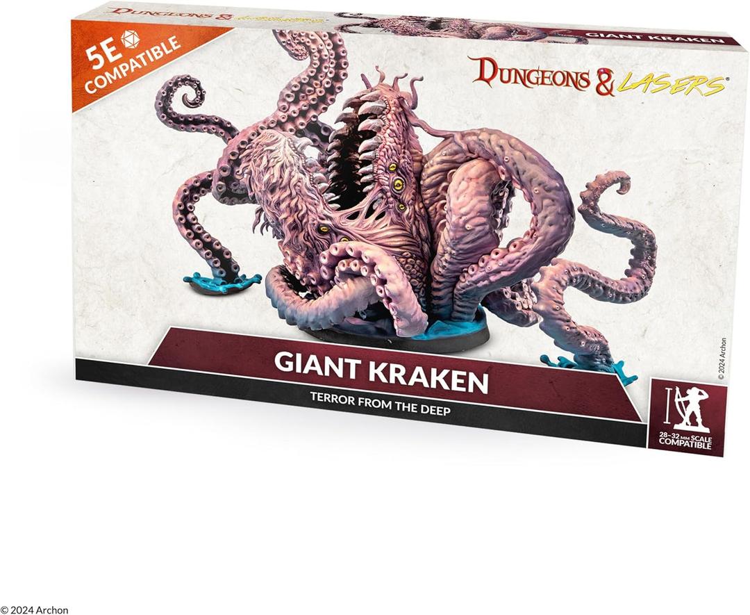 Dungeons & Lasers Giant Kraken Miniature Figure - Large 5.1" (130mm) Tall Model with Scenic Base for use with DND and 5E Compatible RPG Games - Unpainted and Unassembled