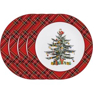 Christmas Tree Plates Set of 4, Christmas Dinner Plates with Red Edge, Xmas Porcelain Plates for Porcelain Plate Set of 4 for Xmas 10.5 Inch