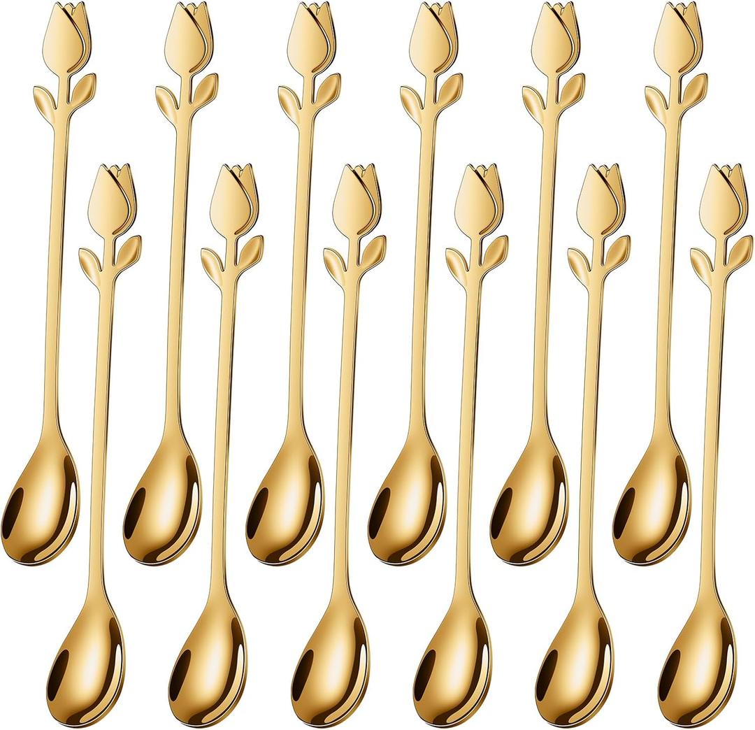 Gold Tulip/Rose Handle 12-Pcs Mini Coffee Spoons Set - 6" Stainless Steel for Espresso, Tea, Dessert - Ideal for Demitasse & Small Servings
