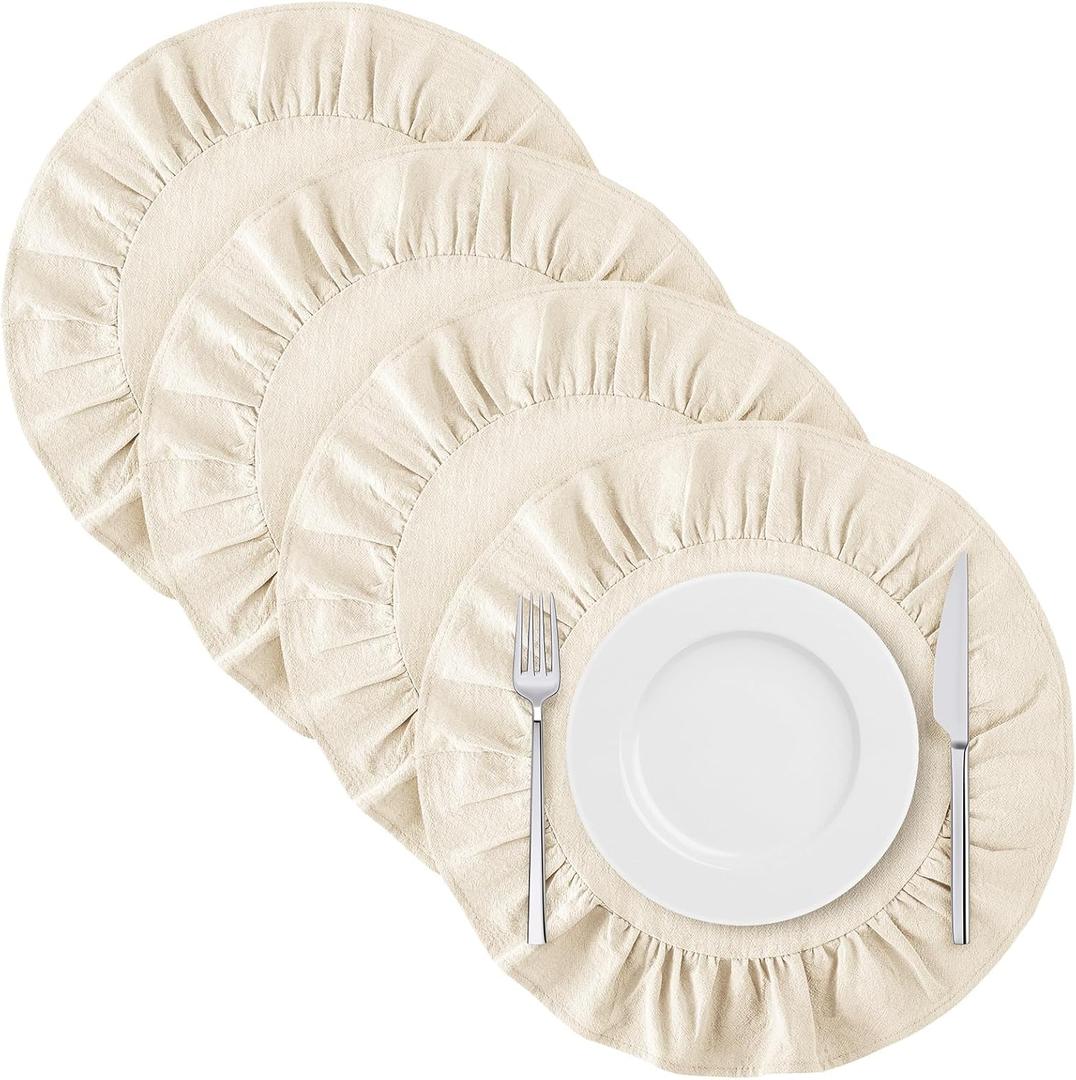 4 Pcs 15 Inch 100% Cotton Scalloped Round Placemats, Thin White Place Mats with Ruffle, Washable Placemats Table Mats for Kitchen Dining Holiday Gatherings Decor