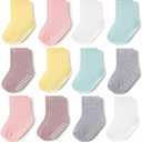 JAKIDAR 12 Pack Baby Toddler Socks Non Slip Grip Cotton Crew Socks for Boys Girls Infants Kids (12-24 Months, Pink Pastel)
