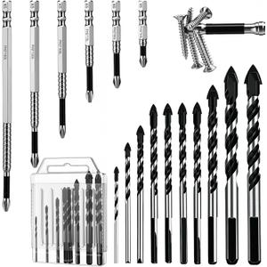 10 Pcs Masonry Drill Bit Set with 6 Pcs High Magnetic Screwdriver Bit Set, K5 Impact Resistant Non-slip Drilling Bits for Wood Concrete Tile Ceramic Brick