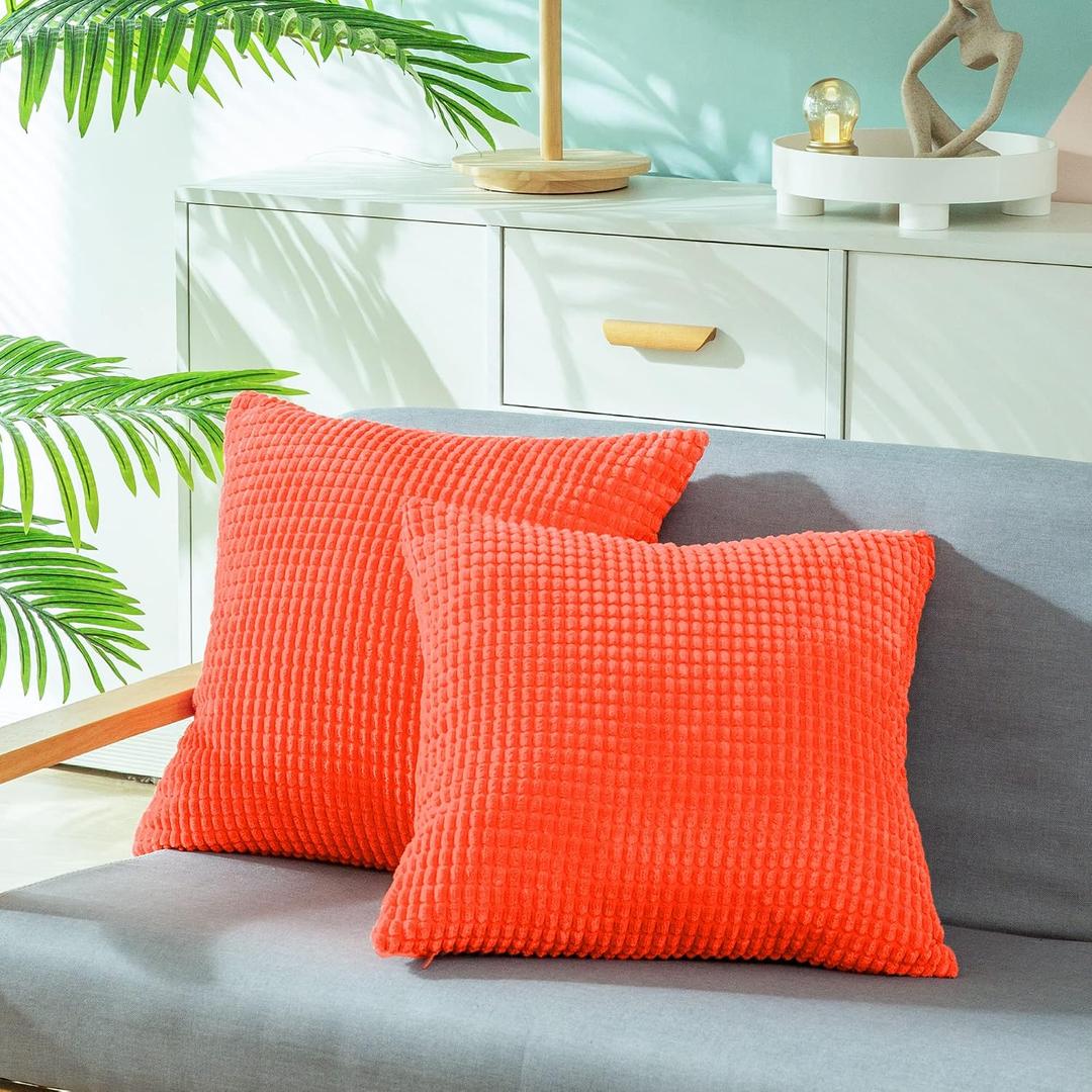 CaliTime Throw Pillow Covers Pack of 2 Comfy Corduroy Corn Striped Waffle Decorative Cushion Cases for Couch Sofa Bed Farmhouse 20 X 20 Inches Living Coral