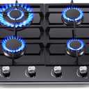 Gas Stove Top 24 Inch, Amzgachfktch Built-in Gas Cooktop 4 Burner, Black Tempered Glass Stove with NG/LPG Conversion Kit, Kitchen Propane Cooktop with Thermocouple Protection