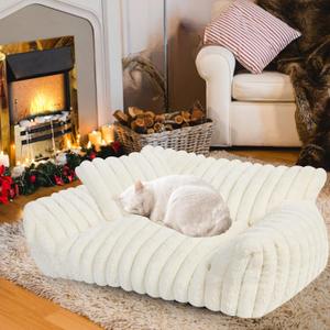 Cute Cat Couch Bed for Indoor Cats, Fluffy Pet Cat Sofa with Premium Soft Corduroy Fleece, Cute Small Dog Beds for Small Dogs, Fuzzy Puppy Chair with Removable Washable Cover (30x20x10,Cream) (Medium, White)
