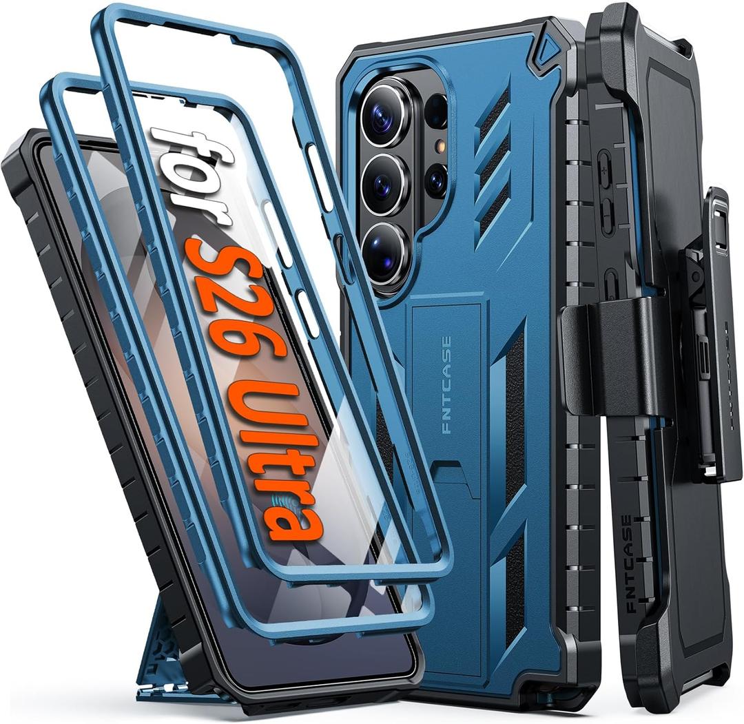 FNTCASE for Samsung Galaxy S26-Ultra Case: [2 Front Frames] [Built-in Screen Protector] [Belt Clip Holster & Kickstand] [Military-Grade Protection] Heavy Duty Full Body Shockproof Rugged Cover Blue