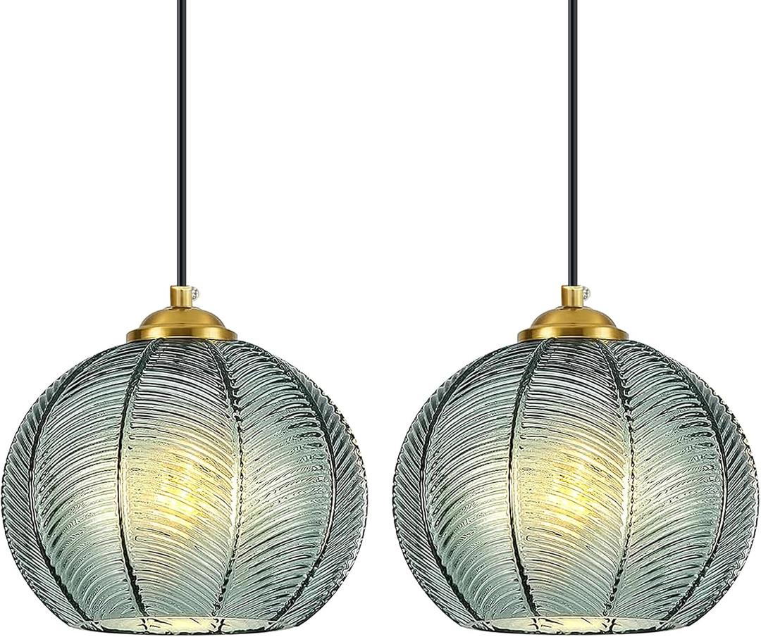 Mikeru 2-Pack Mint Glass Pendant Lights Kitchen Island Lighting Single Globe Pendant Light Fixtures Century Modern Kitchen Island Pendant Lighting for Bedroom Living Dining Room Light (Without Bulbs)