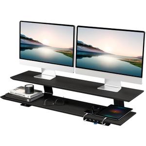 2-Tier Dual Monitor Riser with 6-Port Hub 39.4" Extra Wide Solid Wood Plywood Desk Stand for Dual Monitors, 30w Fast Charging USB C/A Ports, Heavy Duty Desk Organizer, Black Wood Grain Finish