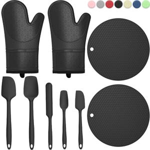 Oven Mitts with Heat-Resistant Hot Pads and Five Silicone Spatulas Designed for Kitchen Baking Cooking, Oven Glove Soft Cotton Lining, Waterproof, BPA-Free (New-Black, 12.6)