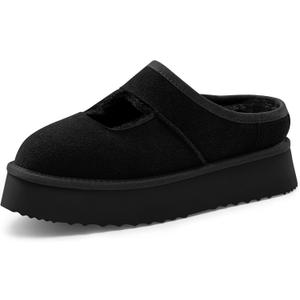Vilanva Platform Slippers for Women Cozy Fur Lined Slip on Mary Jane Winter Shoes Warm Comfy House Slippers for Indoor Outdoor (Black)