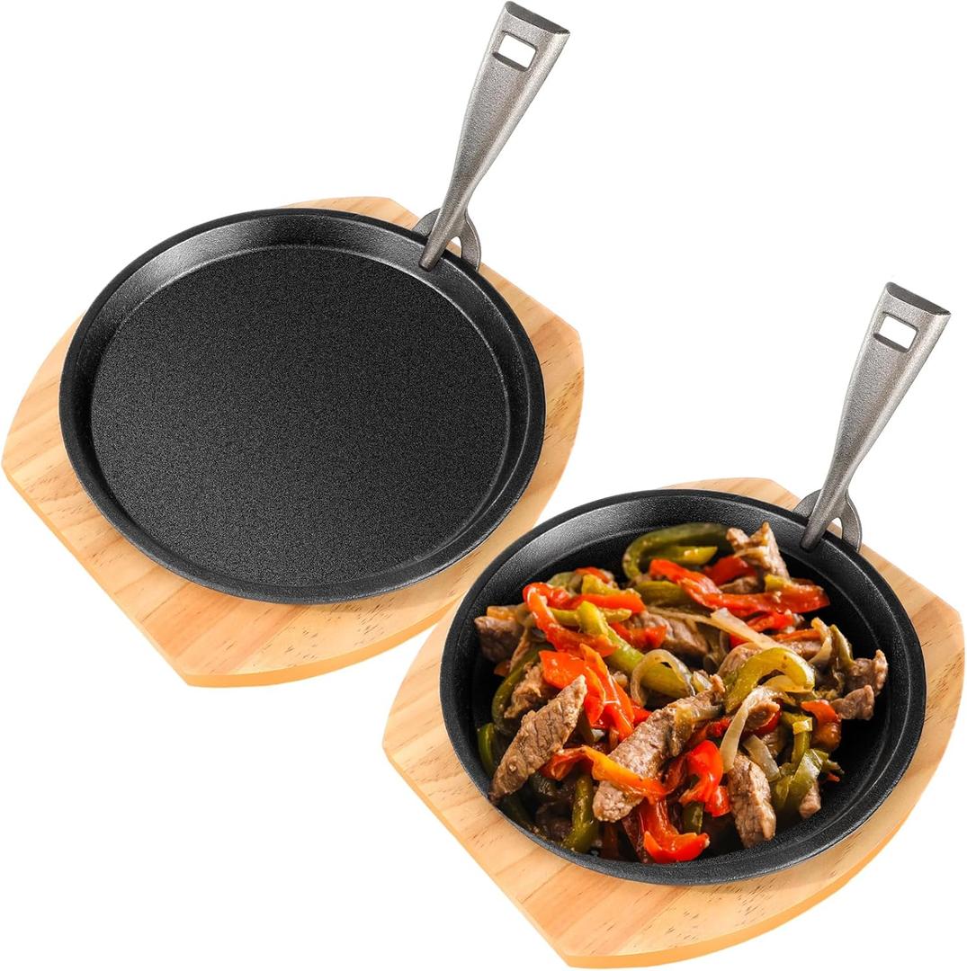 Mimorou 2 Set 8.7 Inch Cast Iron Fajita Plate Set with Wooden Base Anti Scald Protection Removable Handle Fajita Plate Sizzling Pan Cast Iron Skillets Sets for Home Restaurant Kitchen BBQ Cooking