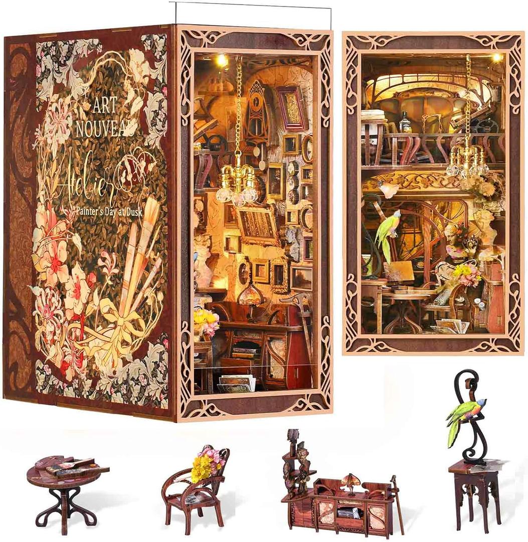 Book Nook Kit, DIY Miniature Dollhouse Booknook Kit, 3D Wooden Puzzle Bookend Bookshelf Insert Decor with LED Light for Teens and Adults, Painter's Day at Dusk