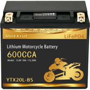 YTX20L-BS 600A lithium LiFePO4 Powersport Start Motorcycle Battery, 12.8V 9AH, Fits for UTV,ATV,Jet Ski, PWC,Scooter, Lawn Mower, Tractor,Snowmobile,Quad, Smart BMS,Digital Readout,5X Life