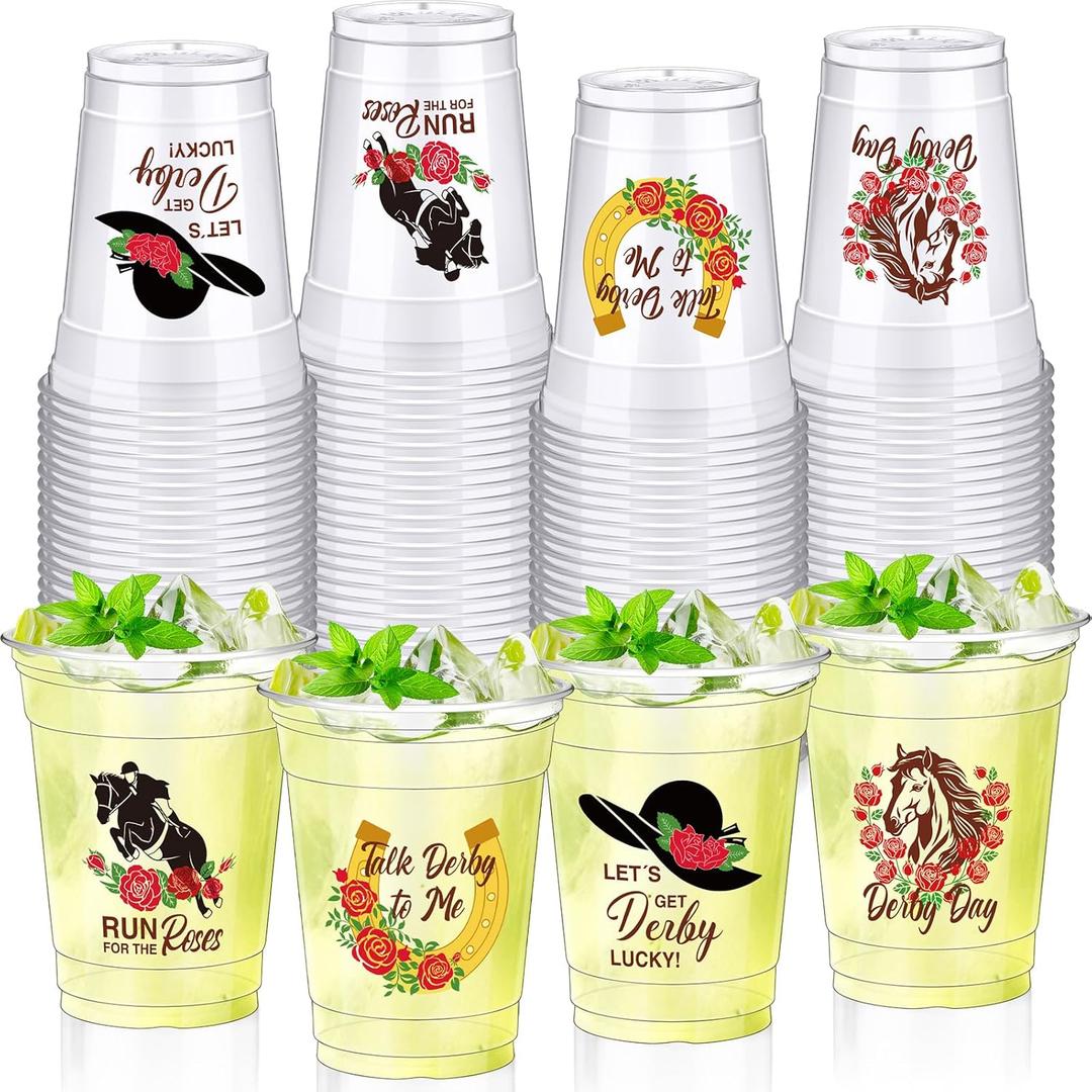 Sliner 100 Pcs Derby Disposable Plastic Cups Bulk 12oz Clear Horse Racing Party Cups Drinking Plastic Tumblers for Mint Julep Derby Day Party Supplies