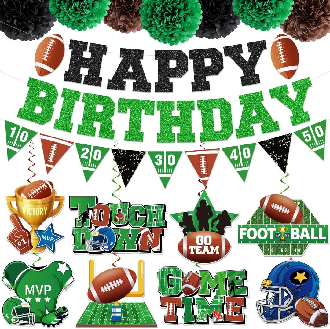 Football Birthday Party Decorations - Happy Birthday Banner, Themed Party Supplies, Pom Poms