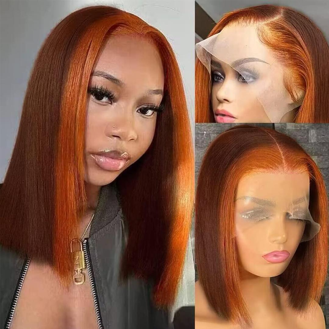 Ginger Orange Highlight Skunk Stripe Short Bob Wigs Human Hair Chocolate Brown Straight Bob Wigs Ombre 13x4 HD Lace Frontal Wigs Brazilian Virgin Human Hair Wig 150% Density Pre Plucked 10 Inch