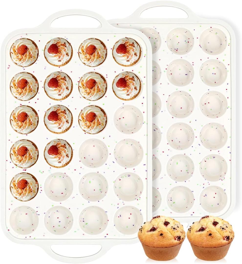 FUNBAKY Silicone Mini Muffin Pan, Metal Reinforced Frame 24 Cups Nonstick Mini Cupcake Pans with Handles Easy to Move for Baking Muffin, Cupcake, Egg Bites Oven Safe, 2 Pack Confetti