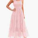 PRETTYGARDEN Women's Summer Tulle Midi Dress Sleeveless Smocked Ruffle Flowy Mesh Dresses Party Wedding Guest Sundress Small