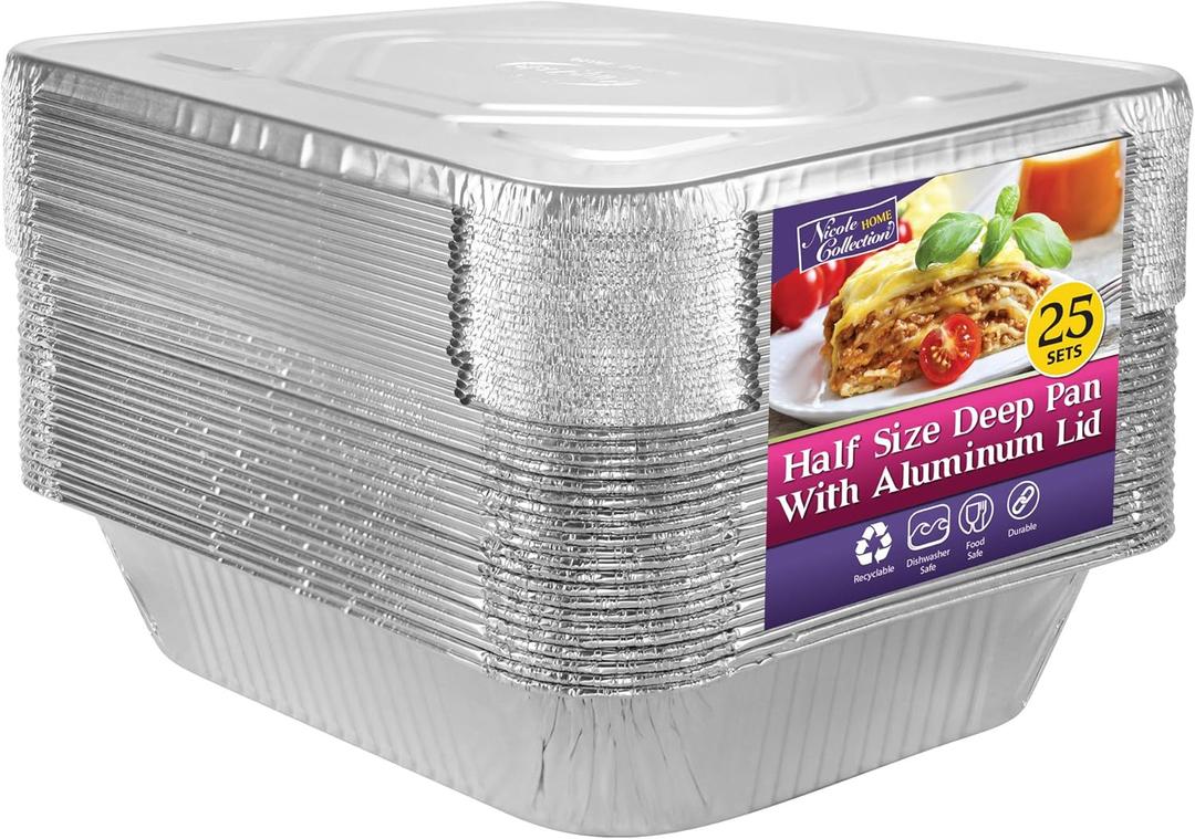 Nicole Home Collection Aluminum Pans With Lids Half Size 9x13 Extra Heavy Duty, Disposable Foil Pans For Baking (25 Sets) (25 Pack - w/ Lids)