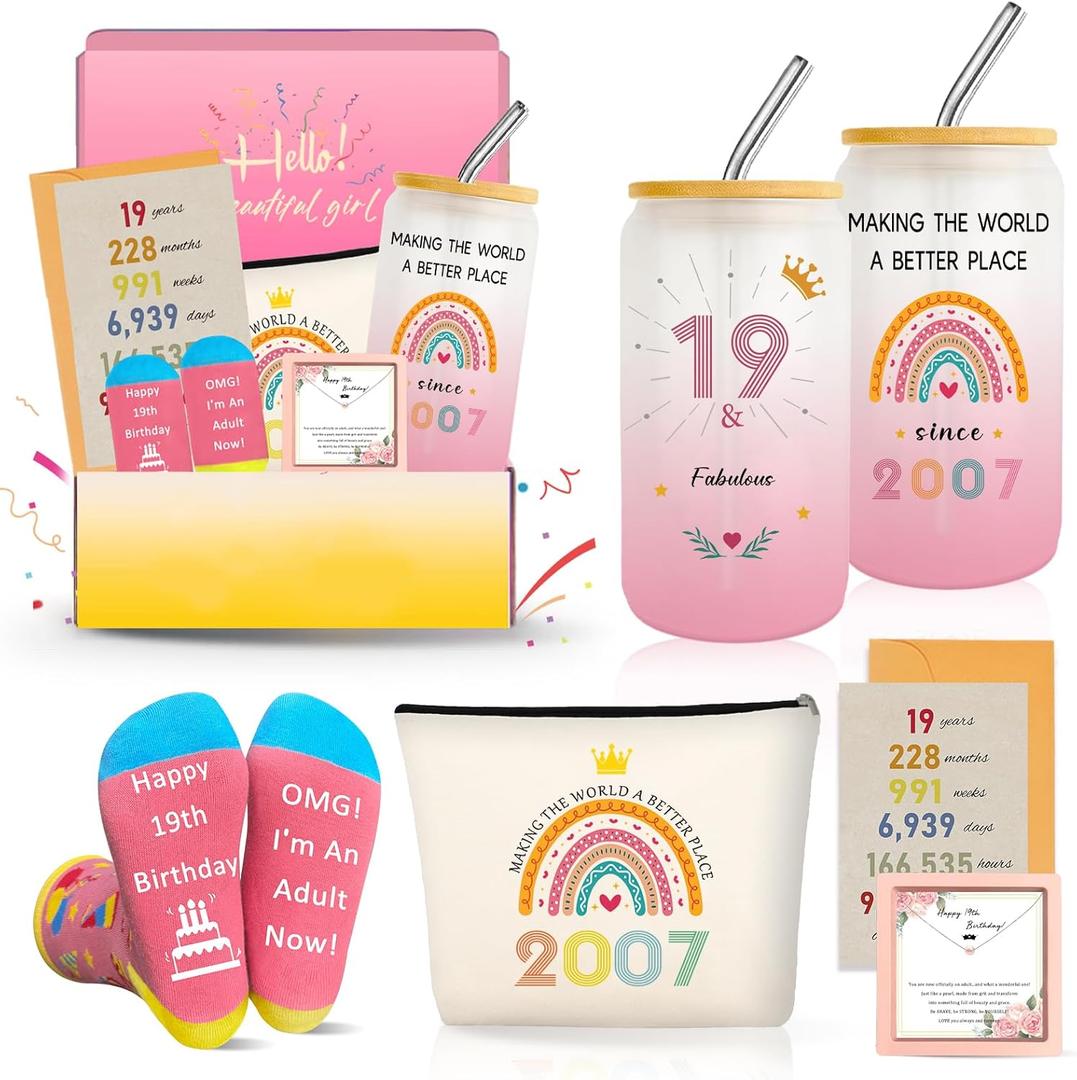 19th Birthday Gifts for Female, Trendy 19 Year Old Girls Birthdays Basket Gift Ideas for Women Besties Daughter Sister Niece, Cool Happy 2007 Decorations Presents Glass Cup Sock Makeup Bag Necklace