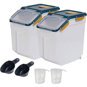 AnRui Flour Storage Container 25lb, Grain Storage Bucket, Airtight Rice Cereal Dispenser Organizer Box with Lid, Wheat Berry Storage Bin with Measuring Cup, Scoop, Wheels, 2Pcs Blue, Large, 2 Pack
