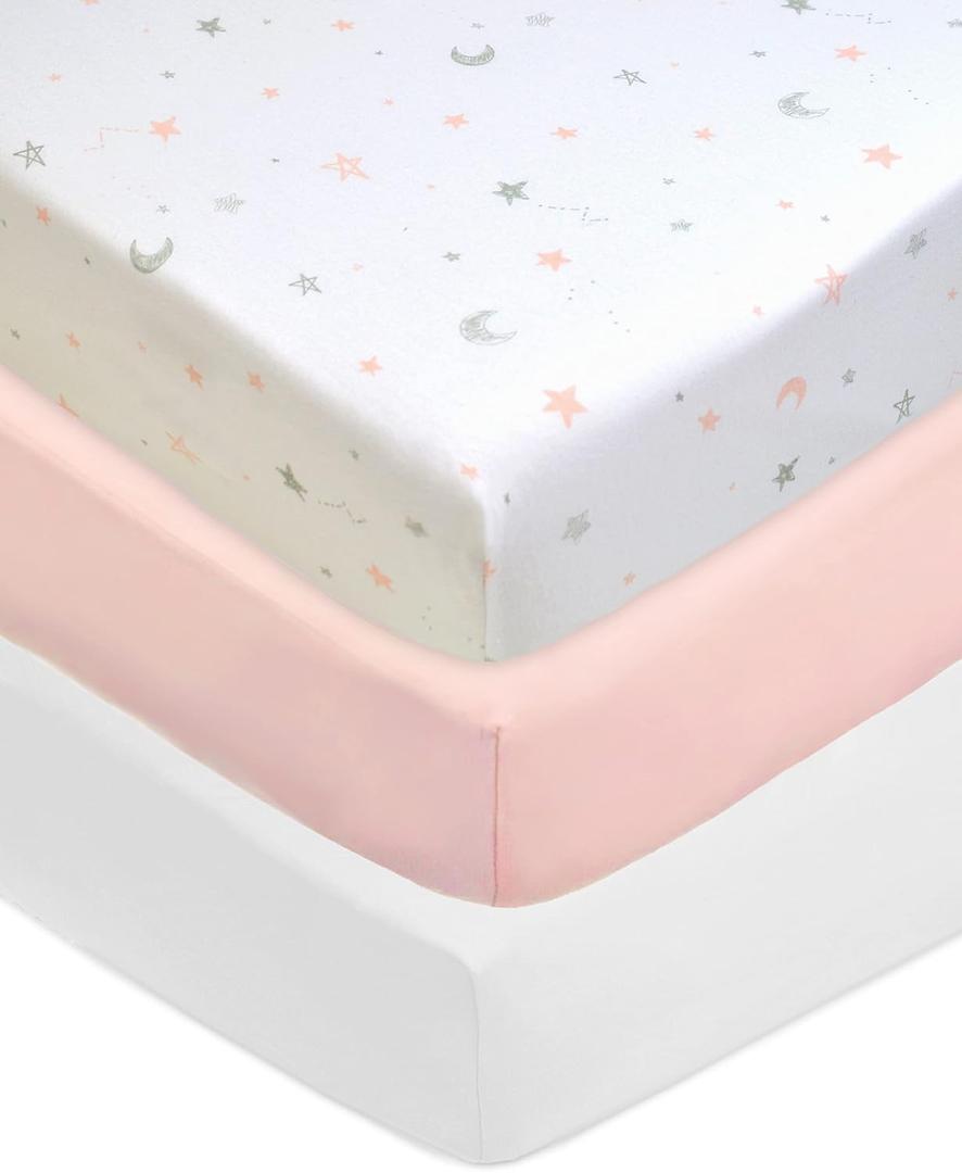 American Baby Company 3 Pack Fitted Crib Sheets 28" x 52", Soft Breathable Neutral 100% Cotton Jersey Sheet, Pink Stars/Blush/White, for Boys and Girls, Fits Crib and Toddler Bed mattresses