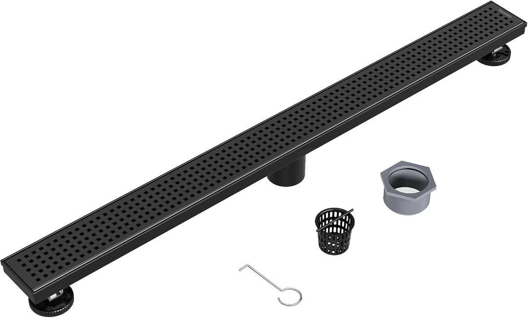 Neodrain 32-Inch Black Linear Shower Drain with Removable Quadrato Pattern Grate,Professional 304 Stainless Steel Rectangle Shower Floor Drain Manufacturer,Leveling Feet,Hair Strainer,Matte Black