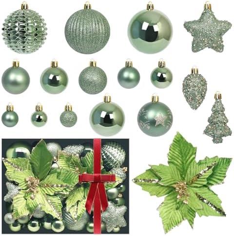 RoseCraft Green Christmas Ball Ornaments, 54 Pack Shatterproof Christmas Ornamnets for Christmas Tree Hanging Decorations Include Flower, for Home Indoor Holiday Party Xmas Decor.
